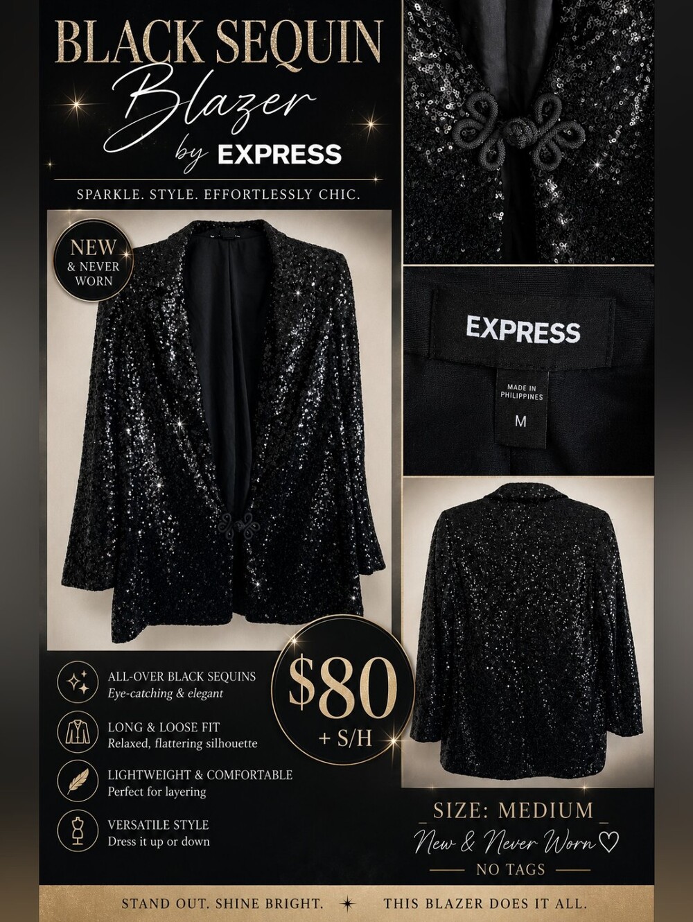 Express Black Sequin Blazer - Sparkling Black